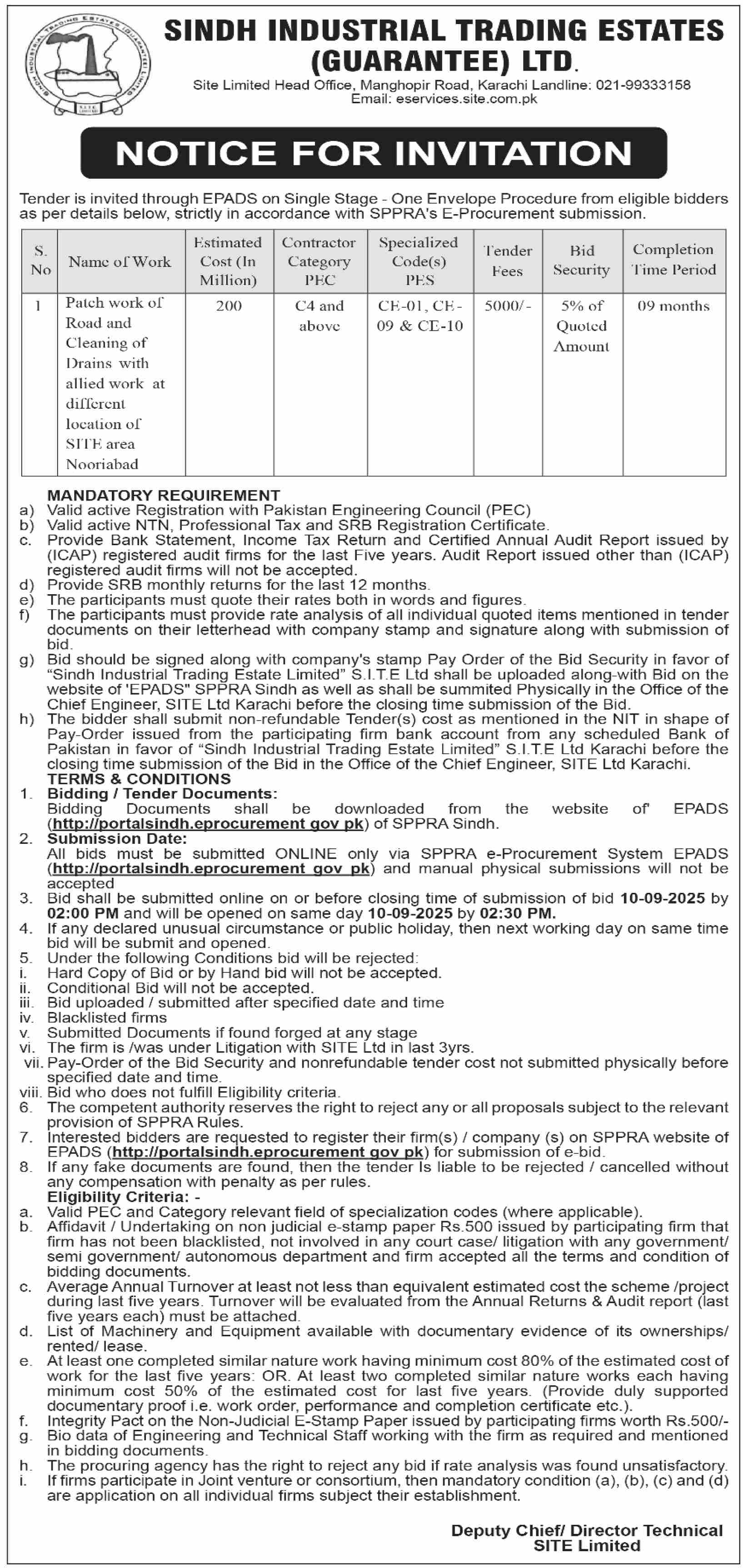 Sindh Industrial Trading Estates Limited Karachi Tender Notice